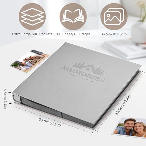 DazSpirit 4x6 Photo Album, 600 Pockets, Leather Cover, Slip-In Pages | Embossed Leather Cover, Extra-Large Memory Book for Wedding, Baby, Anniversary and Family Photos, Grey - color: Grey