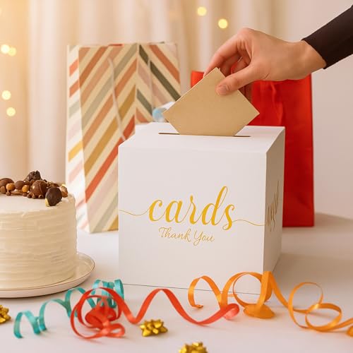 White and Gold Card Box for Party Graduation, Baby Bridal Shower, Birthday, Funeral, Wedding 7.8 x 7.8 x 7.8 In Gift Card Holder Box for Reception Raffle Voting Box with Slot - color: WhiteGoldTks