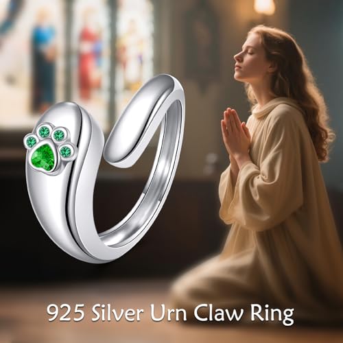 Sterling Silver Birthstone Urn Ring for Ashes Pets Dog Cat Keepsake Birthstone Memorial Cremation Jewelry for Women - style: Paw Print-May