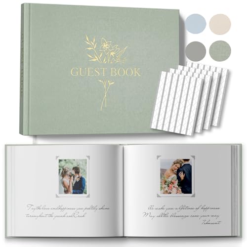 Wedding Guest Book for Memorial Service with 216 Photo Corners Stickers, Linen Guestbook to Sign at Bridal Shower or Wedding Reception Party,100 Pages, Blank Thick Paper Books for Baby Shower- Sage - color: Sage, size: All Blank