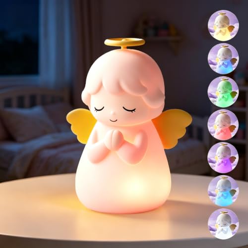 Angel Night Light for Kids, Rechargeable 7 Colors Silicone Night Light with Timer, Dimmable Nursery Night Lights Bedside Lamp for Kids Room Decor, Cute Lamp Gift for Girls Boys Toddlers Teen (Pink) - color: Pink