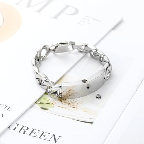 zeqingjw Men Urn Bracelet for Human Ashes Stainless Steel Cremation Jewelry Cuban Link Bangle for Ashes Keepsake Memorial Ash Holder Urn Keepsake Bracelet - color: Silver-22CM