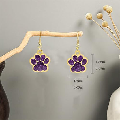 Dreuyet Paw Necklace and Earrings Set for Women Glitter Cute Dog Cat Pet Paw Print Pendant Necklace Earrings Lovely Animal Charm Jewelry Set Gifts - color: Gold Purple