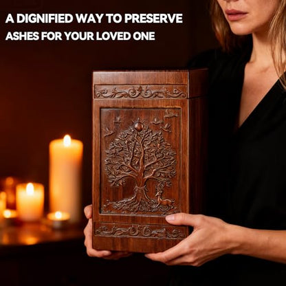 Wooden Urn for Ashes Adult Male Female, Cremation Urns for Human Ashes Adult Men Women, Decorative Burial Funeral Memorial Urn Box Holds 250 Cubic Inches, Tree of Life