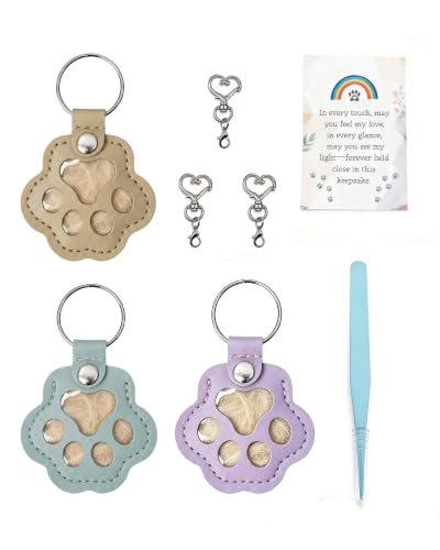 Cat & Dog Hair Keychain, Leather Dog Paw Hair Holder Fur Collection Key Chain Keepsake Pet Loss Memorial Gift - color: Sage/Purple/Khaki
