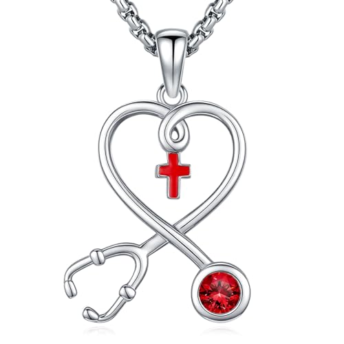 Angel Wings Necklace 925 Sterling Silver Guardian Angel Nurse RN Caduceus Pendant Charm Crystal Angel Jewelry Gifts for Women - style: H-Stethoscope-01-Jan.-Garnet