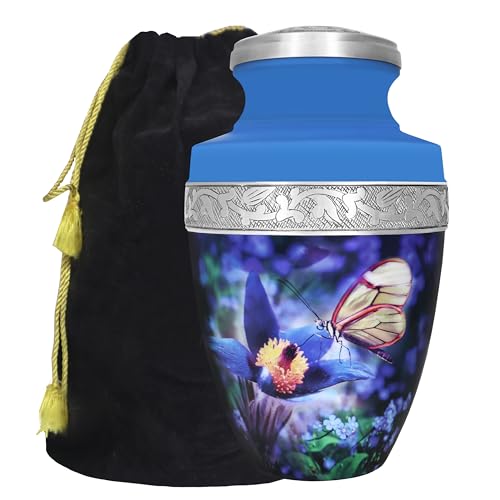 M MEILINXU Blue Urns with Butterflies, Cremation Urns for Human Ashes Adult | Decorative Burial Urn for Women and Men, Memorial for Cremated Remains, Cemetery Interment, Home or Columbarium Placement - color: Blue, size: Large / Adult
