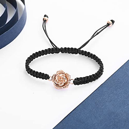 Rose Flower Ashes Bracelet Adjustable Braided Rope Cremation Jewelry | mini urn, stainless steel material, for women, waterproof sealed ring & lobster clasp keep ashes secure, with a filling tool - color: Rose Gold