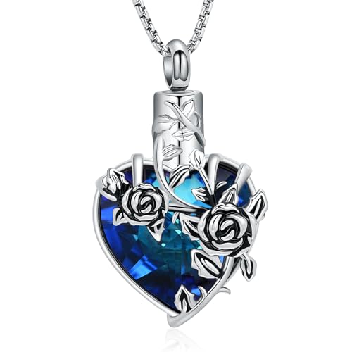 Rose Flower Cremation Urn Necklace for Ashes Heart Crystal Memorial Jewelry for Women Urn Keepsake Pendant Human Pet Memorial Locket Holder - color: Silver (Blue Stone)