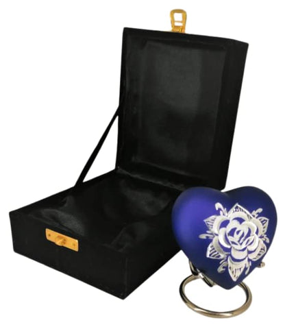 Classic Heart Shape Keepsake Urn for Human Ashes – with Box and Stand - Ink Blue Color with Diamond Cut Design 7 cms high