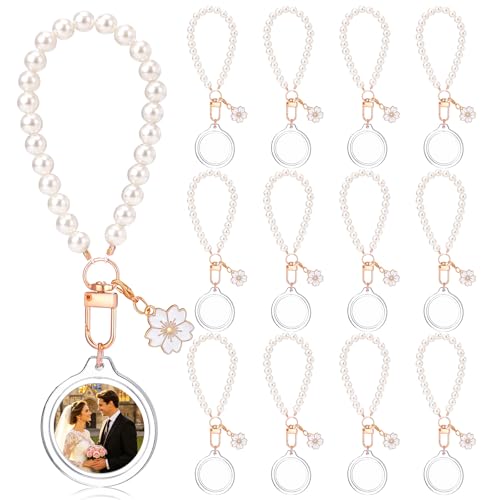 12 Pack Braid/Bow/Pearl Photo Frame Keychain Bulk | Braid/Bow/Pearl Keychain Bulk, Blank Photo Frame Keychain, DIY Charms Gift, Wedding Bridal Party Favor - style: Flower