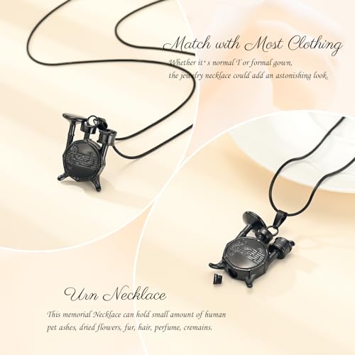 Memorial Cremation Jewelry for Ashes Music Drum Set Shaped Urn Necklaces for Human Dog Cat Keepsake Pendant Jewelry with Fill Kit - color: Black