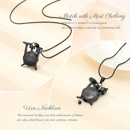Memorial Cremation Jewelry for Ashes Music Drum Set Shaped Urn Necklaces for Human Dog Cat Keepsake Pendant Jewelry with Fill Kit - color: Black