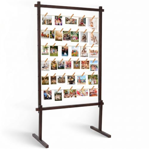 Collage Picture Frame,Photo Display Board with Clips,Wood Pictures Photos Frames With Stand for Wedding Graduation Party Birthday Greeting Letter Postcards Christmas Cards Holder Organizer,53",Walnut - color: Walnut, size: Standing(53")