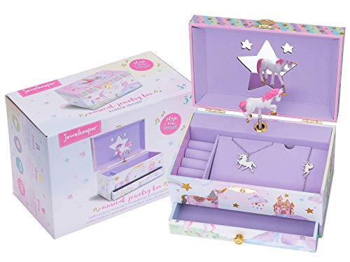 Jewelkeeper Jewelry Box for Girls with Drawer - Spinning Unicorn Doll to The Beautiful Dreamer Tune Music Box - Little Girls' Jewelry Set Includes Unicorn Bracelet and Necklace - 5Dx7Wx4H Inches