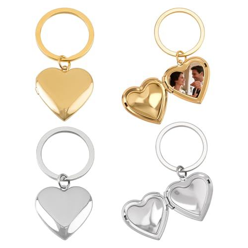 FINGERINSPIRE 4PCS Photo Locket Keychains Stainless Steel Photo Locket Keychain Golden & Stainless Steel Color - size: Heart 2.36inch Long