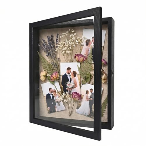 11×14 Shadow Box Frame, Linen Back, Glass Door, Hinge Display Case | shadow box display case features linen back, real glass hinged door, perfect for displaying medals, bouquets, and keepsakes. - color: Rustic Black, size: 11×14