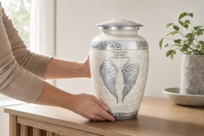 White Angel Wings Funeral Cremation Urn with Matching Keepsake, Velvet Bag and Personalization (Pearl White, Large) - color: Pearl White, size: Large