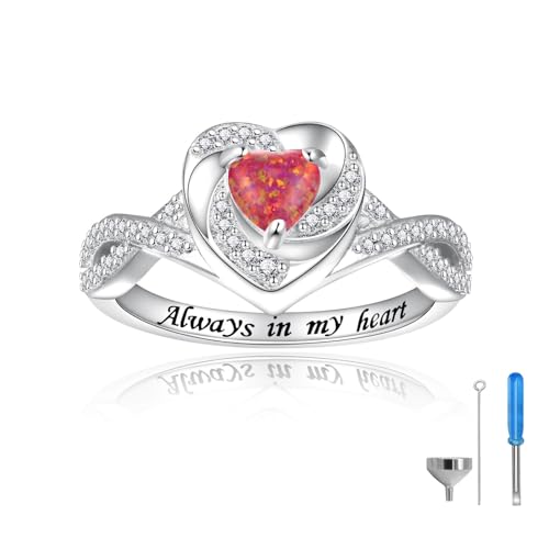 Sariel Heart Cremation Ring for Ashes - 925 Sterling Silver Opal Urn Keepake Rings Memorial Jewelry for Women - color: Red