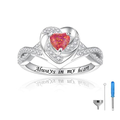 Sariel Heart Cremation Ring for Ashes - 925 Sterling Silver Opal Urn Keepake Rings Memorial Jewelry for Women - color: Red