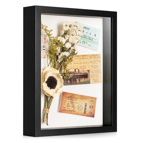 8x10 Shadow Box Frame with Ultra-Clear Glass & Soft Linen Back | With Push Pins and Stand, Deep 1.2" Black Shadow Box Display Case – Display on Tabletop or Wall for Photo, Flower, Keepsakes - color: Black+high Definition Panel + Shatter-proof Packaging, s