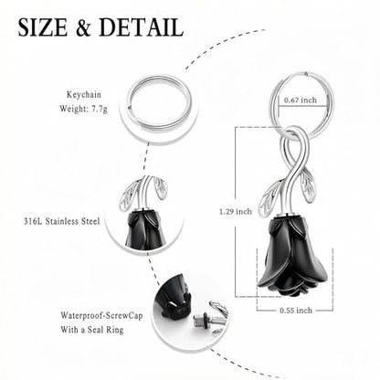 zeqingjw Urn Keychain Cremation Jewelry for Ashes Rose Flower Memorial Keychain Funeral Keepsake Ashes Pendant Gift - color: Black