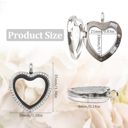 WANDIC Rhinestone Photo Charm, Rose Gold Heart Crystal Photo Pendant Bridal Wedding Bouquet Charms Living Floating Memory Locket for 2 Pictures - color: Sliver