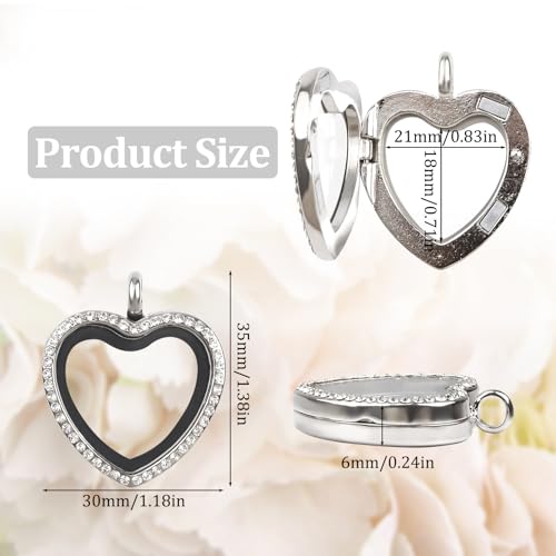WANDIC Rhinestone Photo Charm, Rose Gold Heart Crystal Photo Pendant Bridal Wedding Bouquet Charms Living Floating Memory Locket for 2 Pictures - color: Sliver