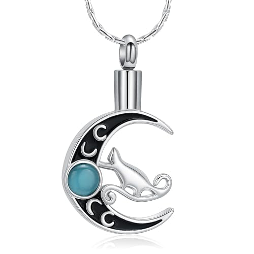 constantlife Cat Moon Urn Necklace for Women Pet Cremation Jewelry for Ashes Stainless Steel Pendant Funeral Keepsake Loved Ones Memorial Gift - color: Y-Silver