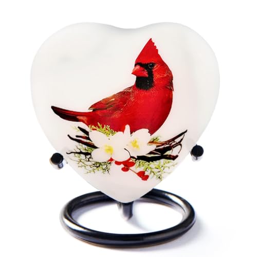 Trupoint Memorials Small Urns for Human Ashes Keepsake, Mini Heart Urn with Stand, Decorative Cremation Urns for Adult Men & Women – Small, Red Cardinal - color: Red Cardinal