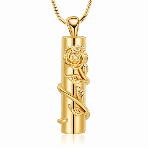 Rose Flower Urn Necklace Cylinder Bar Urn Necklace for Ashes Pendant Necklace Keepsake for Ashes Memory Keepsake Cremation Jewelry for Women Memorial - color: Gold