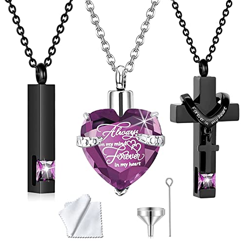 weikui 3 Pieces Heart Cross Cubic Urn Necklace for Ashes for Men Women Cremation Jewelry Crystal Memorial Locket Ashes Pendant Family Keepsake Sharing Jewelry Set - color: 3 Black Pendants - Purple