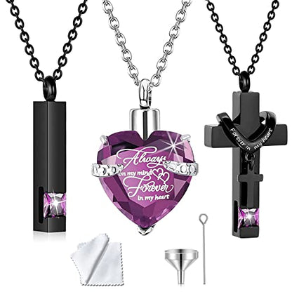 weikui 3 Pieces Heart Cross Cubic Urn Necklace for Ashes for Men Women Cremation Jewelry Crystal Memorial Locket Ashes Pendant Family Keepsake Sharing Jewelry Set - color: 3 Black Pendants - Purple