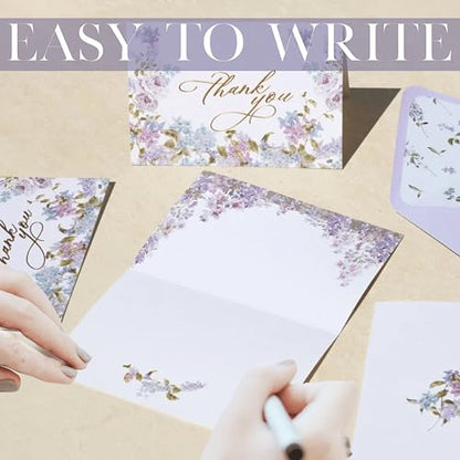 NUOERP Blank Thank You Cards With Envelopes, 30 Pack - 2 Elegant Floral Designs Foil Wedding Thank You Cards With Envelopes - For Baby Shower Card, Birthday Card, Bridal Shower Card, Wedding Card, Flower Card - Blank Inside - color: Purple Floral Gold Foi
