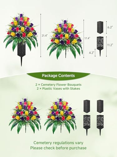 Mirevielyn 24-Stem Artificial Rose Cemetery Flowers with Spiked Vases - color: Red, Yellow & Purple