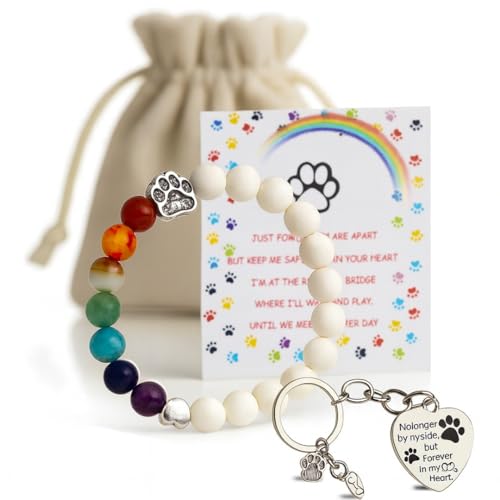 WhiskerTorium Pet Memorial Gift Set, Rainbow Bridge Bracelet with Paw Charm & Heart Keychain, 7 Chakra Healing Beads, Dog or Cat Loss Sympathy Gift, Remembrance Keepsake for Men & Women - color: White