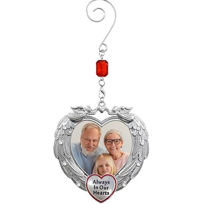 Memorial Photo Ornament Always in Our Hearts, Heart-Shaped Angel Wing Remembrance Ornament with Clear Gems, Sympathy Christmas Ornament with Gift Storage Bag, Holds 2" Photo, 3.25"