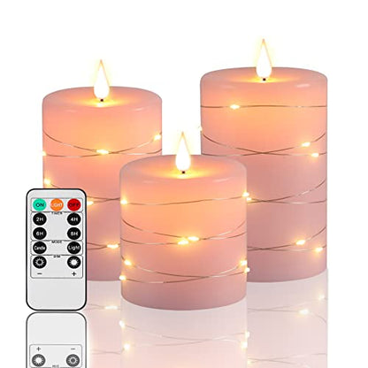 Pink Flameless Candles with String Lights Battery Operated Flickering LED Pillar Candles 4‘’ 5‘’ 6‘’ Candle with Remote Control, Set of 3 - size: Pink - 3 Pack