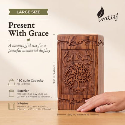 Tree of Life Wooden Urn for Human Ashes, Large 180 cu in, Rosewood - color: Rosewood Tree and Birds, size: Large (180 lbs)