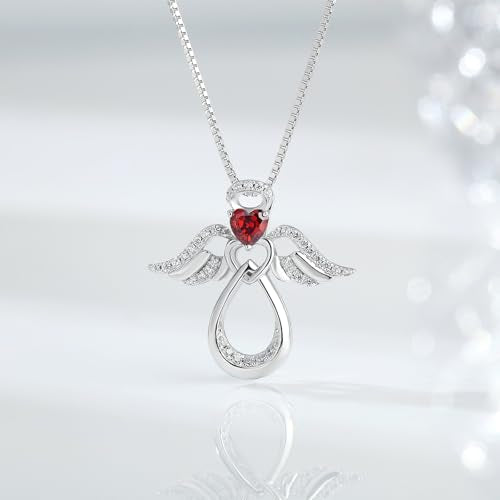 925 Sterling Silver Guardian Angel Pendant Necklace for Women with Birthstone Cubic Zirconia Little Angel Pendant Necklace Jewelry 18 inch Chain - color: 01-Jan-Garnet