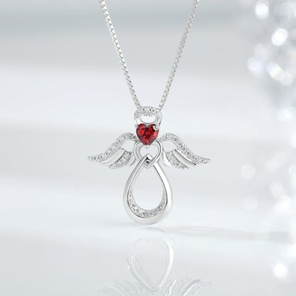 925 Sterling Silver Guardian Angel Pendant Necklace for Women with Birthstone Cubic Zirconia Little Angel Pendant Necklace Jewelry 18 inch Chain - color: 01-Jan-Garnet