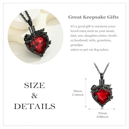 Cremation Jewelry for Ashes Rose Flower Urn Necklace with Crystal Heart Ashes Pendant Butterfly Necklaces for Women Men Memorial Keepsake Jewelry Gift - color: Black-red