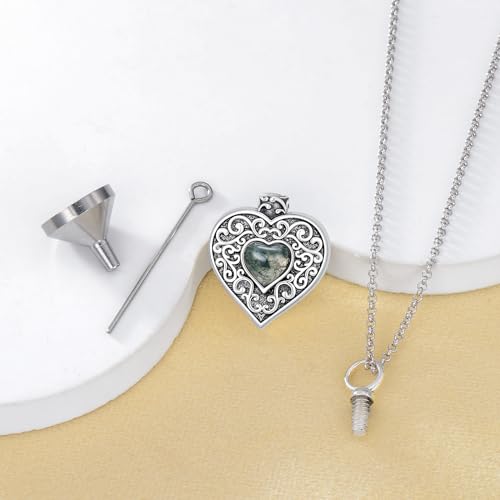 Rose & Daisy Urn Necklace - Sterling Silver Cremation Keepsake Memorial Jewelry - style: Heart Urn Necklace-Moss Agate