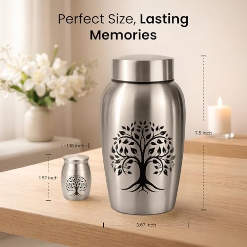 Stainless Steel Silver Urn for Ashes Male & Female, Cremation urns for Human Ashes Man & Women, Set of 5 Includes 1 Large Urn, 2 Keepsakes & 1 Silver & Black Cross Necklace - color: Stainless Steel Tree of Life Urn - Companion Set