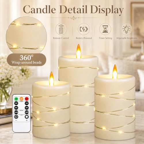 Upinmz Flickering Flameless Candles with String Lights, Battery Operated Candle, LED Pillar Fake Candle with Remote Control and Timer -3 Pack Ivory White - size: Ivory-Acrylic-3 Pack