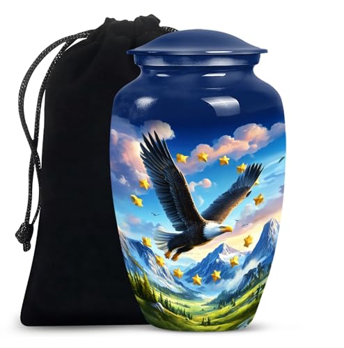 Patriotic Eagle Urns for Human Ashes Adult Male and Female - Green Valley Blue Urn for Adult Ashes - Male and Female Urns for Human Remains - Large Urn for Mother and Father 10 Inch - color: Flying Eagle With Green Valley