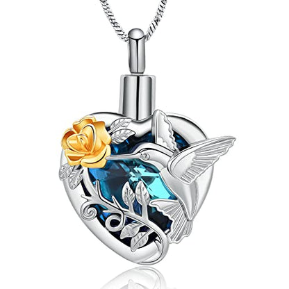 Yinplsmemory Hummingbird Cremation Jewelry Crystal Heart Urn Ashes Necklace for Women Men Memorial Keepsake Necklace of Loved One - color: Blue-Gold