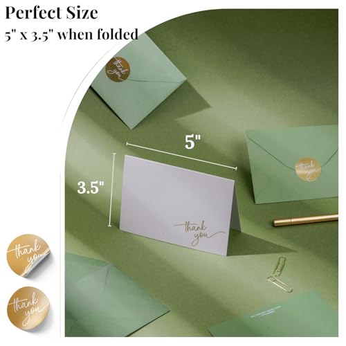 Gold Foil Thank You Cards - Bulk Pack of 40, 5x3.5 Inch with Matching Stickers & Envelopes (Green) Textured Surface for a Unique Feel - Suitable for Baby Shower, Wedding, Small Business, Graduation | 5 x 3.5 Inches, Green Textured Surface, Thank You Stick