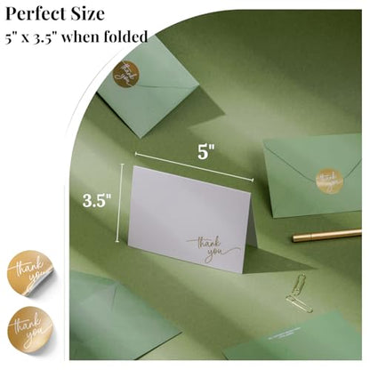 Gold Foil Thank You Cards - Bulk Pack of 40, 5x3.5 Inch with Matching Stickers & Envelopes (Green) Textured Surface for a Unique Feel - Suitable for Baby Shower, Wedding, Small Business, Graduation | 5 x 3.5 Inches, Green Textured Surface, Thank You Stick