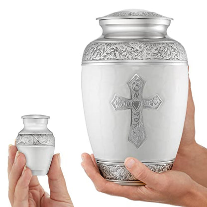 Reminded Set of 5 Engraved Cross Cremation Urns for Human Ashes - 1 Brass Adult + 4 Keepsake Token Size, White - color: White
